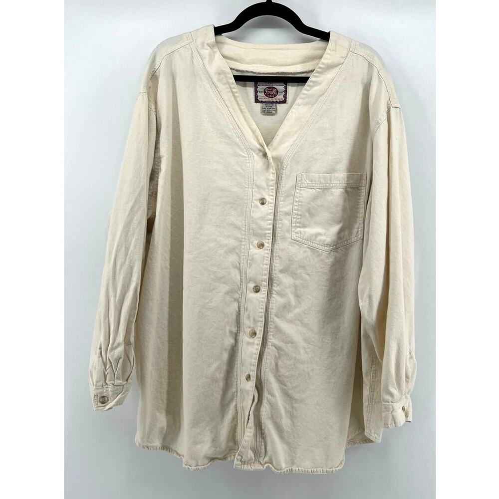 Vintage 80s 90s Forelli | Men's Large Ecru Cream Canvas Shirt Jacket Band Collar